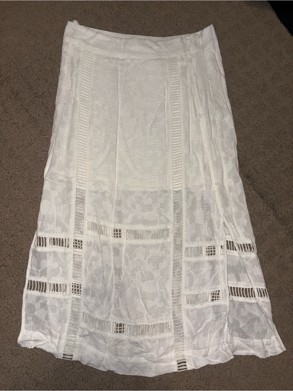 Free People White Lace Midi Skirt with Sheer Paneling